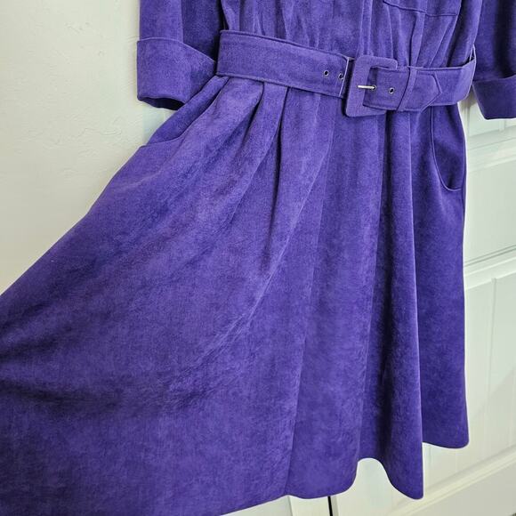 Vintage 80s Shirt Dress Womens Size 14 Purple Faux Suede Cottagecore Preppy - Picture 4 of 13